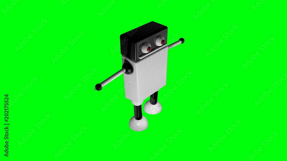 Funny going robot with big eyes in black space, 3d rendering background, computer generating Funny going robot with big eyes in black space, 3d rendering background, computer generating