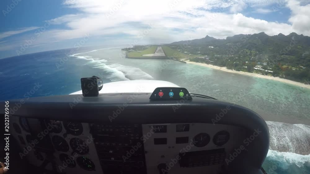 Flying cessna plane cockpit during landing in Rarotonga Cook Islands ...