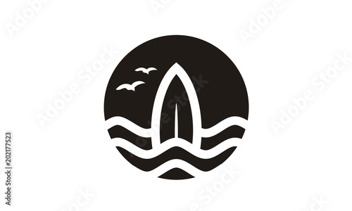 Surfboard Sea Wave Ocean Sun Moon Birds Surf Icon Logo