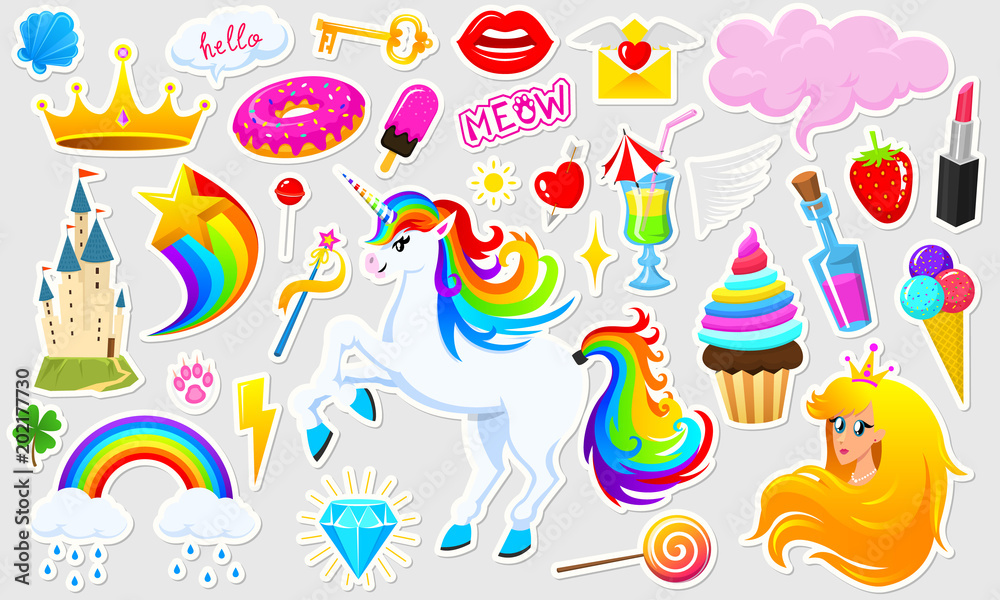 Set of girls fashion cute patches, fun stickers, badges and pins. Collection different elements. Princess and unicorn, lips and ponies, rainbow and sweets. Vector trendy illustration. Set of girls fashion cute patches, fun stickers, badges and pins. Collection different elements. Princess and unicorn, lips and ponies, rainbow and sweets. Vector trendy illustration.