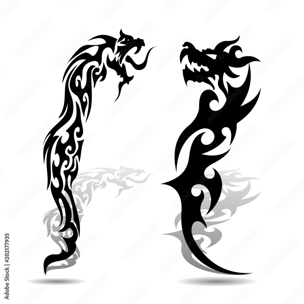 Two black dragon silhouette with shadow on white background,
