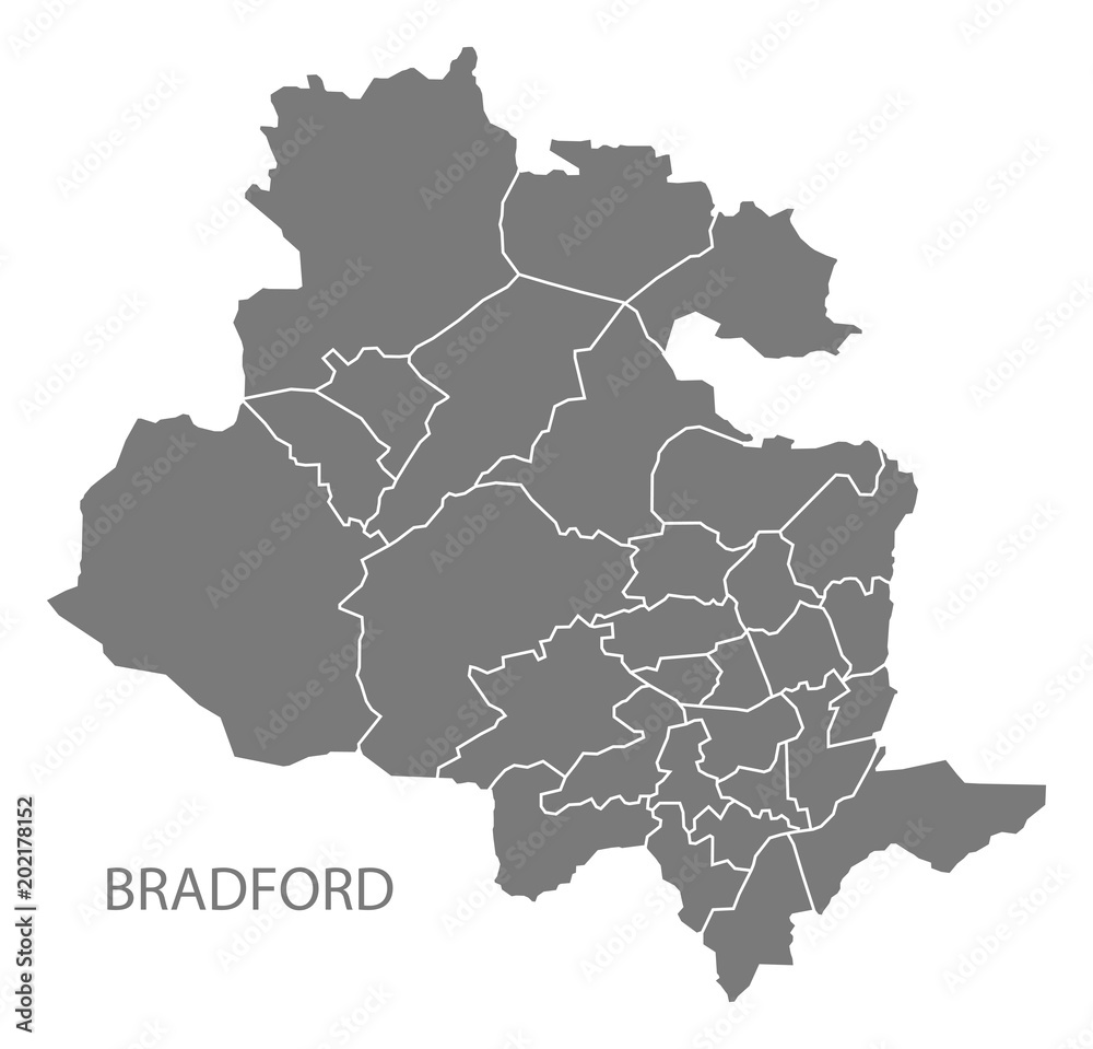 Bradford city map with wards grey illustration silhouette shape