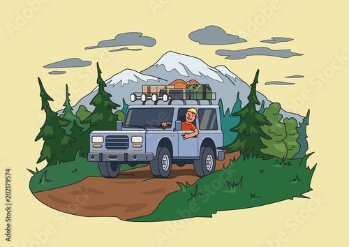 SUV car with luggage on the roof and smiling guy behind the wheel moving through the forest near the mountain. Off-road vehicle on the natural landscape. Flat vector illustration. Horizontal.