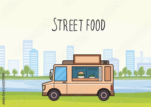Colorful street-food truck on stylized cityscape background with trees and skyscrapers. Car selling burgers and salads. Vector illustration. Flat style. Lettering. Horizontal.