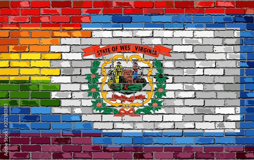Brick Wall West Virginia and Gay flags - Illustration,
Rainbow flag on brick textured background, 
Abstract grunge West Virginia Flag and LGBT flag