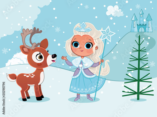 Winter princess in snow with a deer. (Vector illustration)