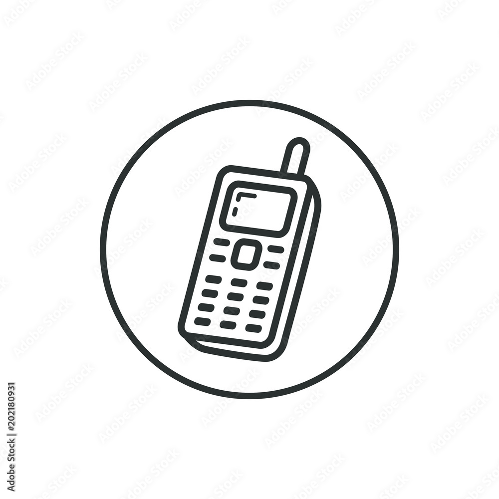 Black and white old mobile phone icon in the round frame Black and white old mobile phone icon in the round frame