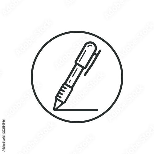 Black and white linear pen icon in the round frame