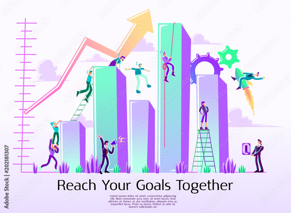 Business concept of vector illustration, be number one, the top of the cart, teamwork job, a man standing on the top, people climbing to reach the top, target achievement, strategy analysis