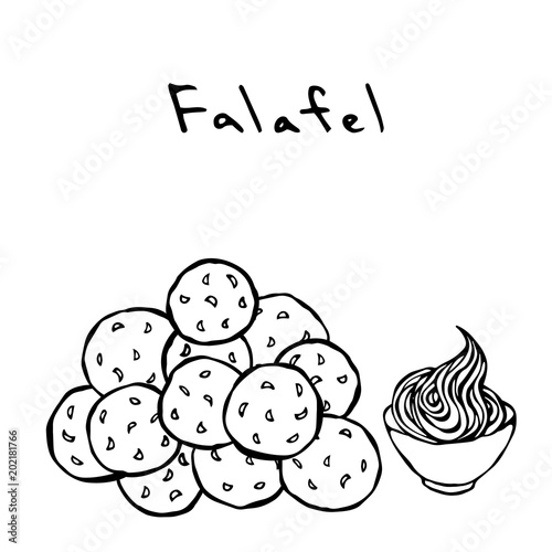 Bunch of Falafel Balls and Sauce. Middle Eastern Cuisine. Arabic Traditional Meal. Israel Vegetarian Healthy Fast Food. Jewish Street Food. Realistic Hand Drawn Illustration. Savoyar Doodle Style.