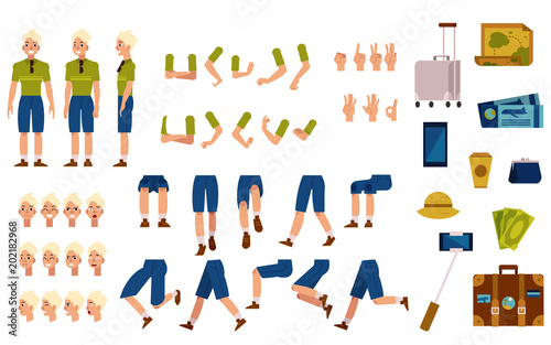 Male tourist creation set - guy in t-shirt and shorts with sunglasses. Isolated various body parts, face emotions, hand gestures kit and travel acessories. Flat cartoon vector illustration.
