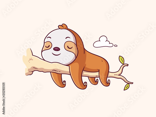 Cute lazy sloth baby sleeping on a branch cartoon illustration