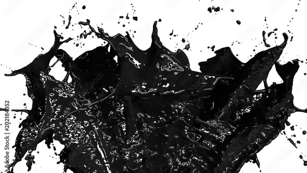 Beautiful Black Oil Splashes in Slow Motion and Freeze Motion with Alpha Mask. Flying Through the Drops. Useful for Titles and Intro. 3d Animation Art Design Concept. 4k UHD 3840x2160.