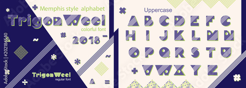 Memphis style decorative alphabet, typeface. Pop art font for slogan graphic print, hipster fashion, geometric pattern, vintage poster