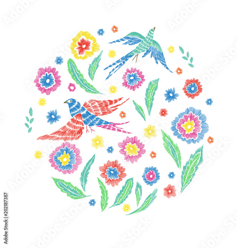 Beautiful flowers and birds pattern in retro style hand drawn. Spring summer season.Vector illustration for textile print. Embroidery design. Line art.