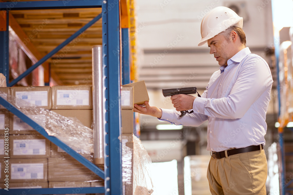 Delivery company. Serious delivery manager holding a scanner while checking the boxes Delivery company. Serious delivery manager holding a scanner while checking the boxes