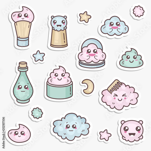 Vector set of design templates patches and emblems or badges, pin for beauty care. Asian cosmetics - cream, powder, essence. Kawaii faces.