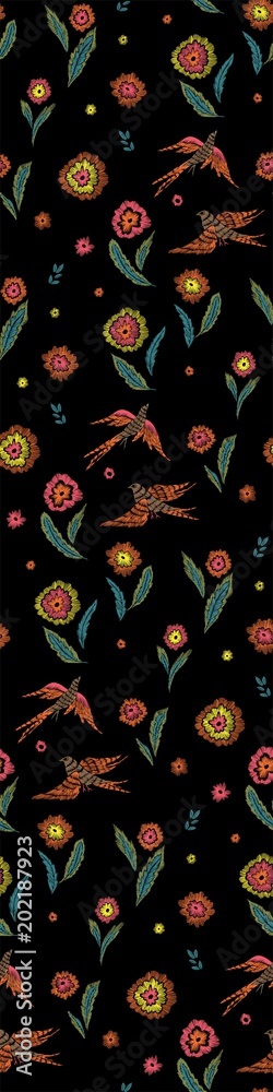 Beautiful flowers and birds seamless pattern in retro style hand drawn. Spring summer season.Vector illustration. Embroidery design. Line art. Beautiful flowers and birds seamless pattern in retro style hand drawn. Spring summer season.Vector illustration. Embroidery design. Line art.