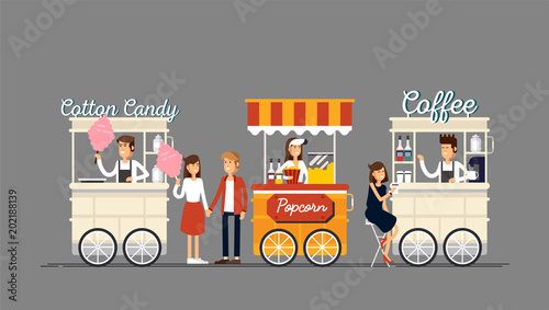 Creative detailed vector street coffee cart, popcorn and cotton candy shop with sellers. Young people buy street food or junk food in food festival event.