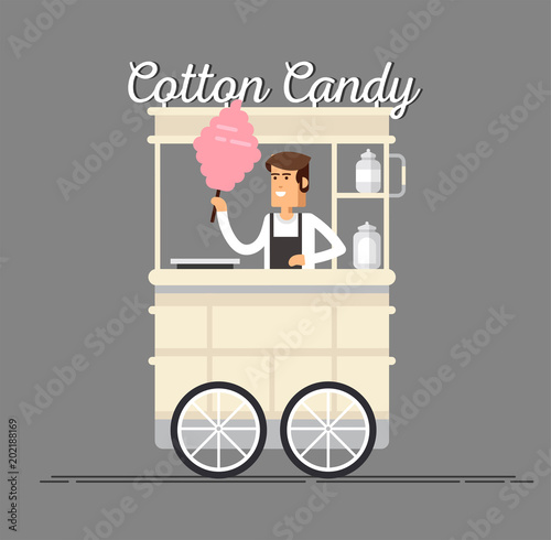 Creative detailed vector street cotton candy cart or shop with swetness and with seller.