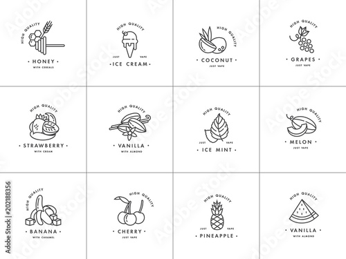 Vector set design monochrome templates logo and emblems -different tastes and liquids for vape. Fruits and spices icon. Logos in trendy linear style isolated on white background.