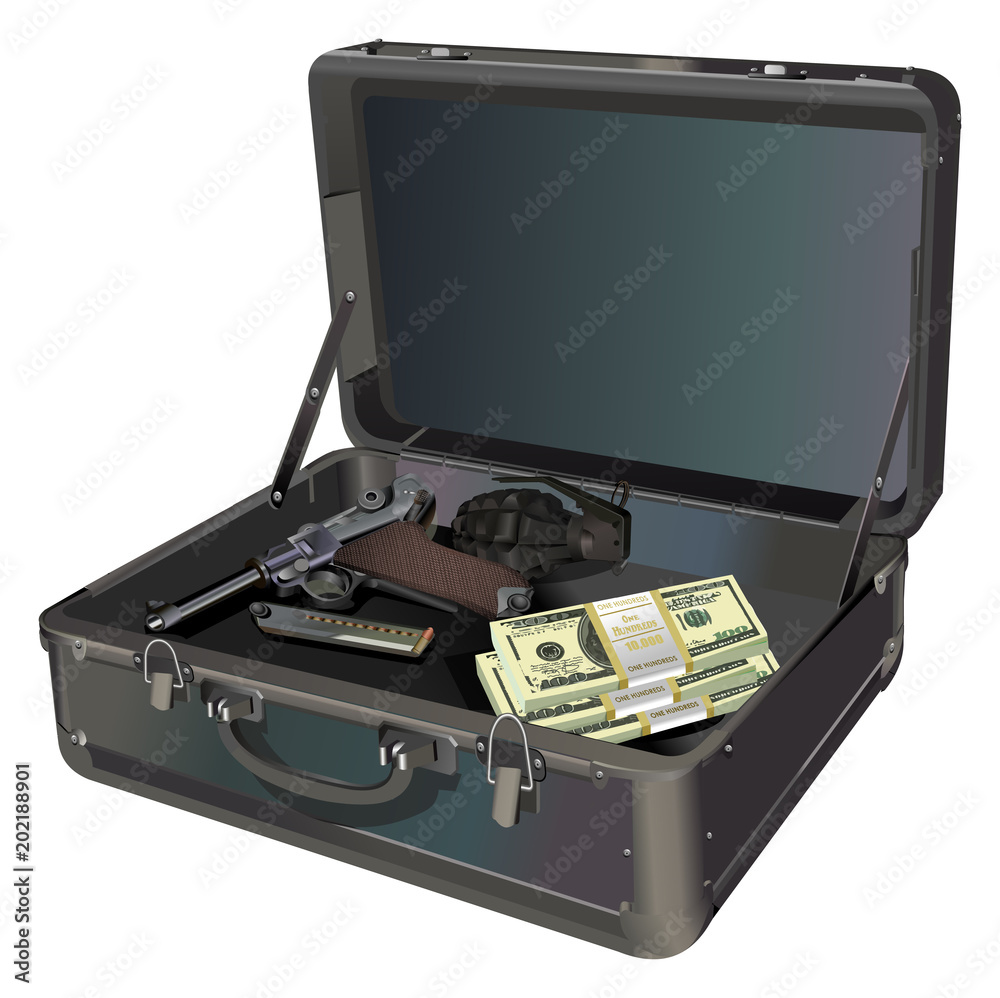 Suitcase with gun, grenade and money vector illustration isolated on white background Suitcase with gun, grenade and money vector illustration isolated on white background