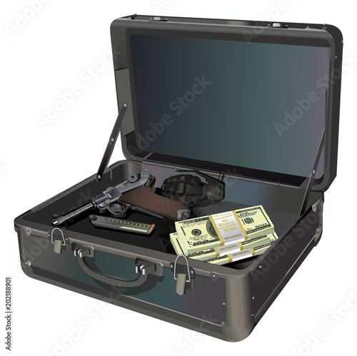 Suitcase with gun, grenade and money vector illustration isolated on white background