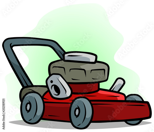 Cartoon red lawn mower on green background