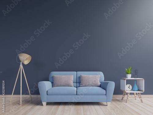 Modern living room interior with blue sofa and green plants,lamp,cabinet on blue wall background. 3d rendering.