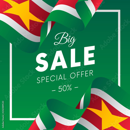 Big sale banner or sticker. Special offer. Fifty percent off. Suriname flag. Vector illustration.