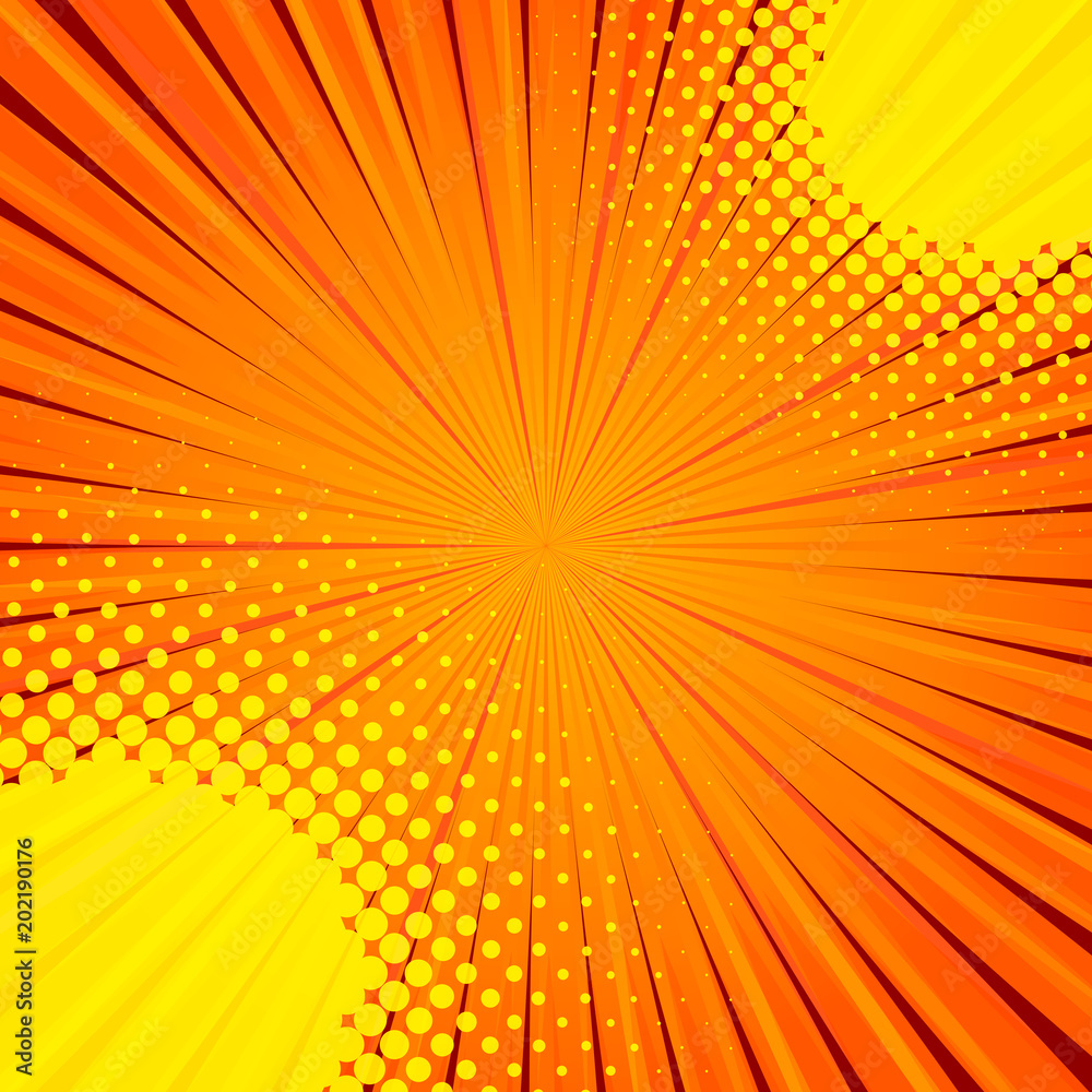 Obraz premium Abstract comic orange background for style pop art design. Retro burst template backdrop. Light rays effect. Vintage comic book style, halftone modern print texture, vector.