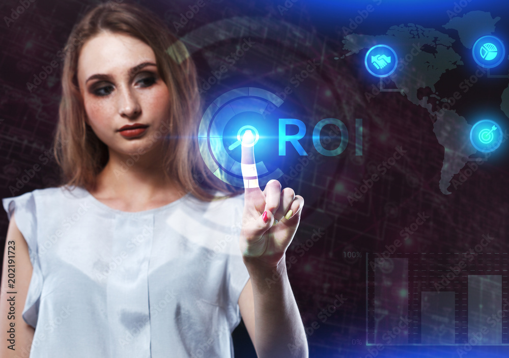 The concept of business, technology, the Internet and the network. A young entrepreneur working on a virtual screen of the future and sees the inscription: ROI The concept of business, technology, the Internet and the network. A young entrepreneur working on a virtual screen of the future and sees the inscription: ROI