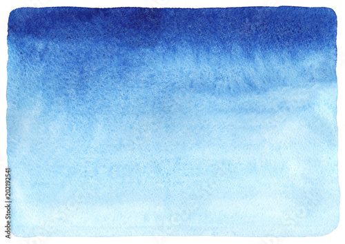 Marine or navy blue watercolor abstract horizontal background, painted texture. Gradient fill with watercolour stains. Maritime, water, sea, ocean aquarelle template with uneven, rounded edges. 