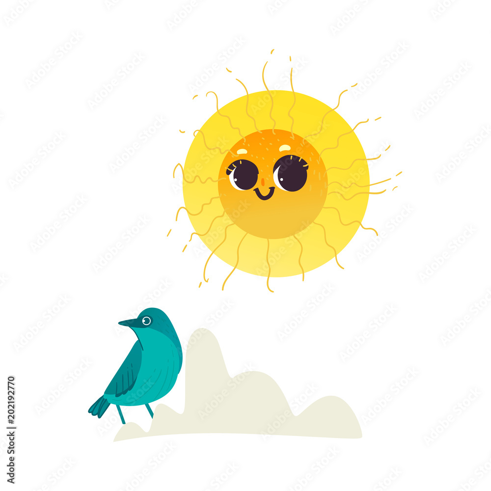 Cartoon blue bird and smiling sun face icon. Graphic summer doodle symbol, Isolated vector illustration on a white background. Kids poster banner design element.