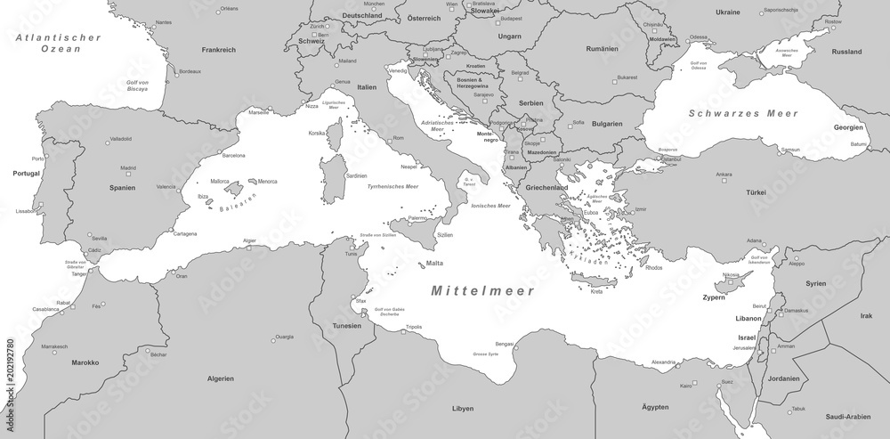Naklejka premium Mittelmeerkarte - Grau
