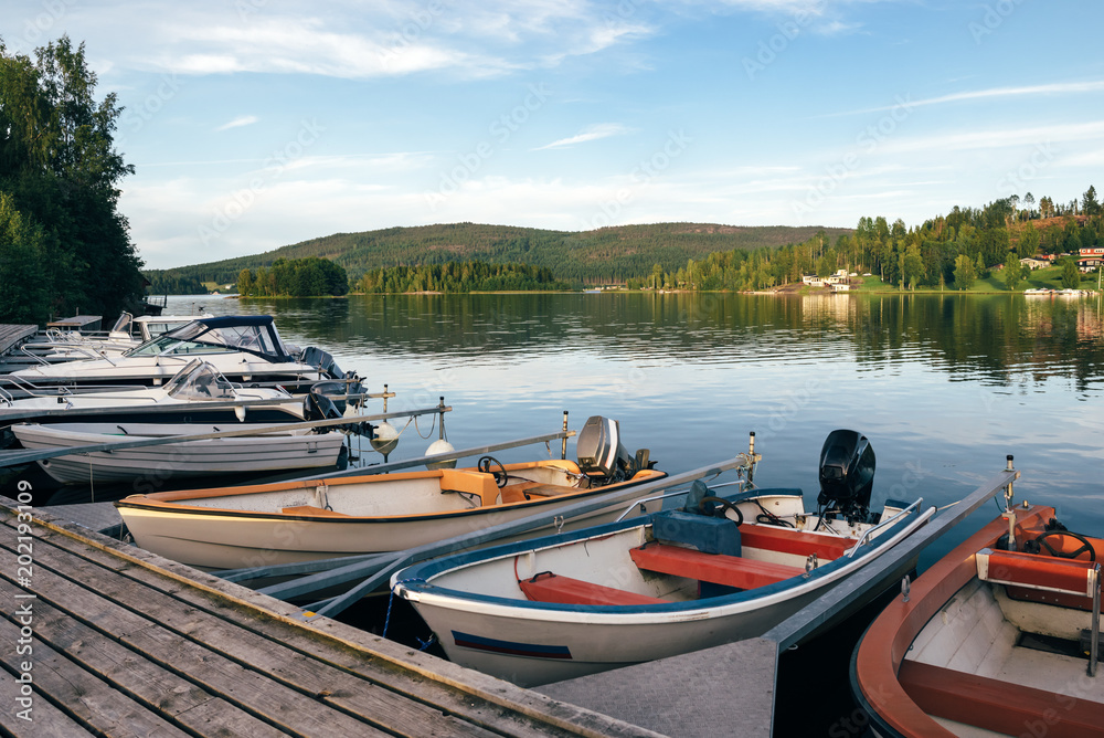 Obraz premium Boats at rest on a lake in the evening. Forest at the background.
