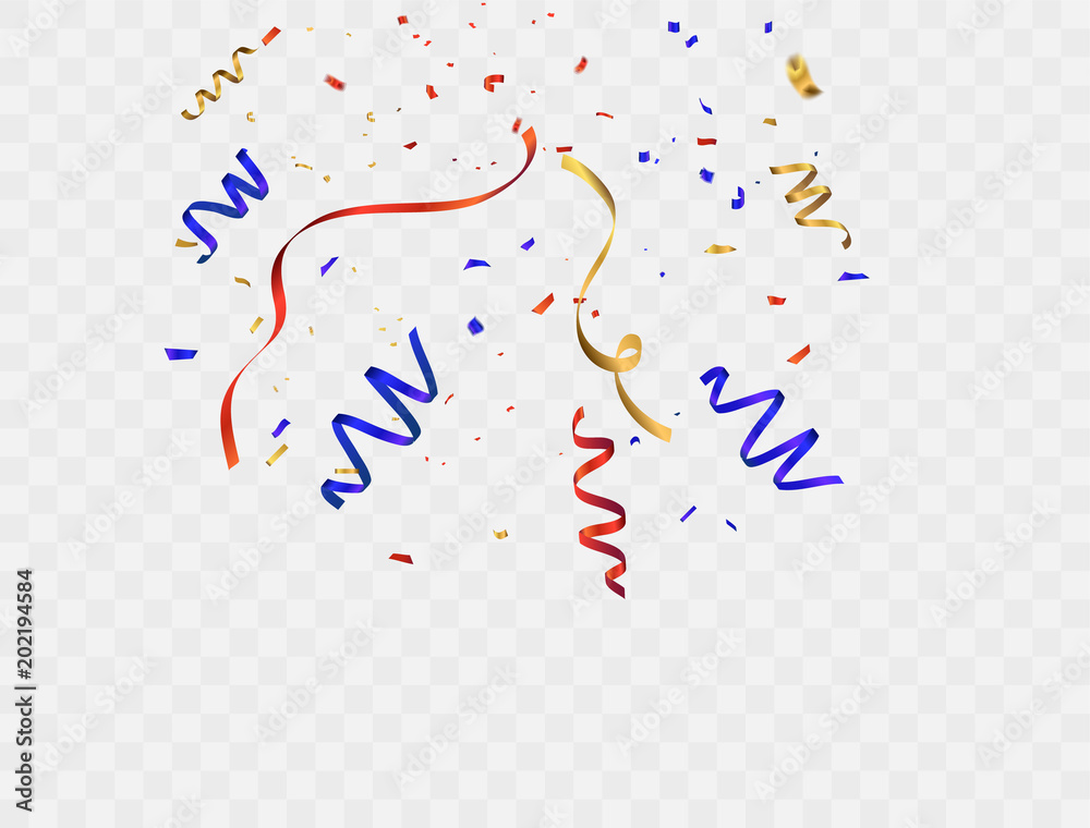 Fototapeta premium Celebration background template gold confetti and red and blue ribbons.