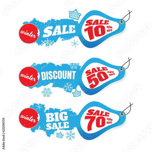Winter sale vector banner set with sale for seasonal marketing promotion discount texts and labels in blue background. Vector illustration. on white background