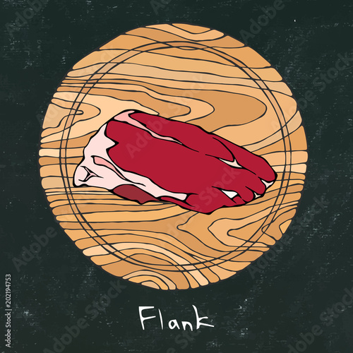 Black Chalk Board. Most Popular Steak on a Round Wooden Cutting Board. Beef Cut. Meat Guide for Butcher Shop or Steak House Restaurant Menu. Hand Drawn Illustration. Savoyar Doodle Style.