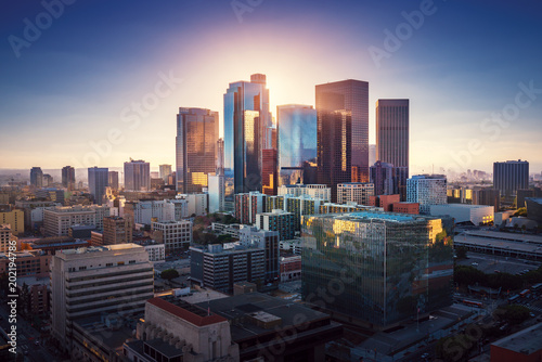 Sunset over Los Angeles downtown. Retro colors. California theme. LA background. Los Angeles city center.