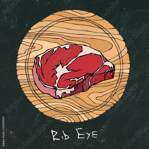 Black Chalk Board. Most Popular Steak on a Round Wooden Cutting Board. Beef Cut. Meat Guide for Butcher Shop or Steak House Restaurant Menu. Hand Drawn Illustration. Savoyar Doodle Style.