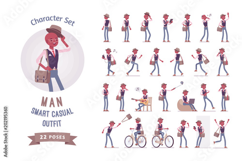 Black intelligent smart casual man ready-to-use character set
