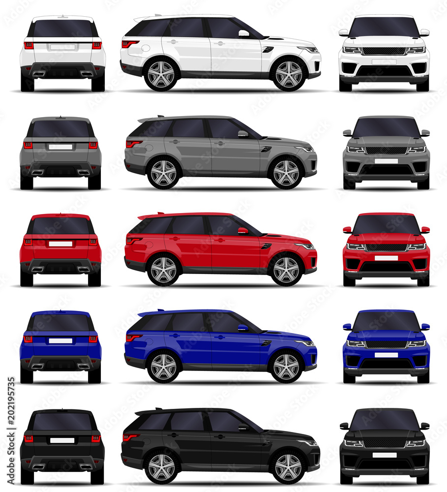 realistic SUV car. Cars set. front view; side view; back view.