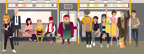 Cartoon underground subway passenger inside metro train scene. Men, women young and senior standing and sitting listening to music headphones, communicating. People in public transport vector concept.