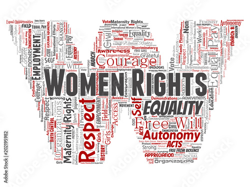 Vector conceptual women rights, equality, free-will letter font W red word cloud isolated background. Collage of feminism, empowerment, integrity, opportunities, awareness, courage, education concept