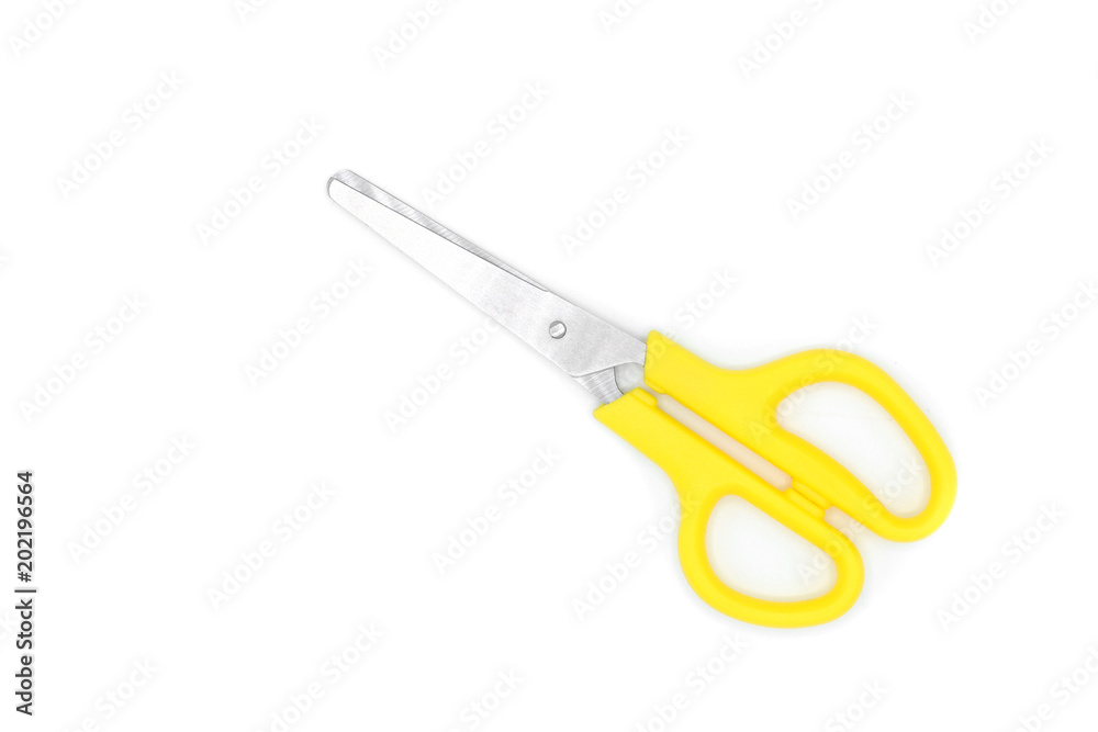 yellow plastic scissors isolated on white background