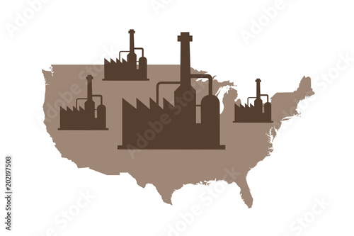 Industry and factory in United states of America ( USA ). Production, work, and manufacturing in the American country. Vector illustration