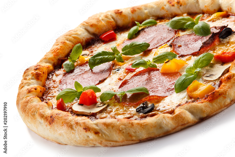 Pizza pepperoni with salami, mushrooms and olives Pizza pepperoni with salami, mushrooms and olives