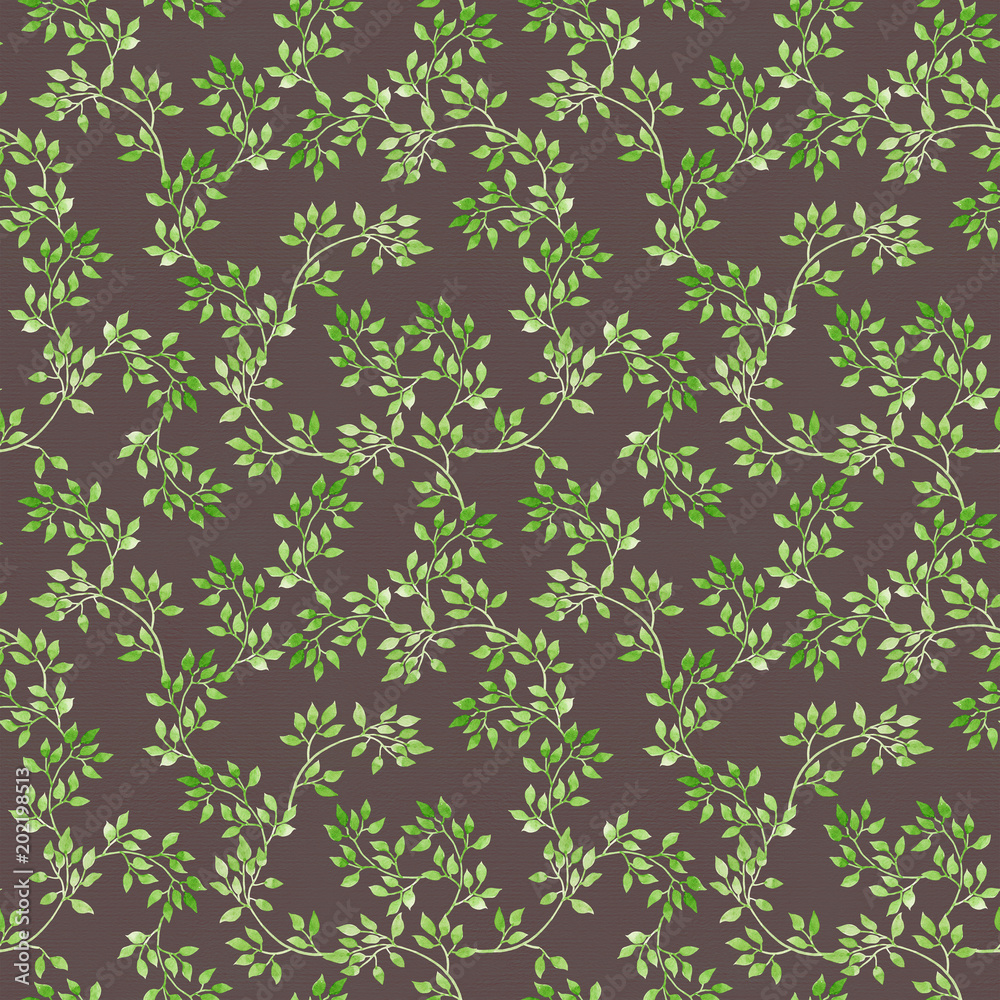 Green leaves in cute style. Repeating background. Watercolor