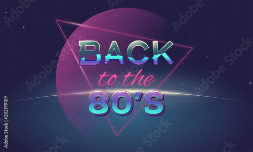 Retro style back to eighties banner. Vintage neon 80's or 90's poster. Music club or disco wallpaper. Background with Sun rising above planet. Purple and pink gradients, and shine metallic letters.